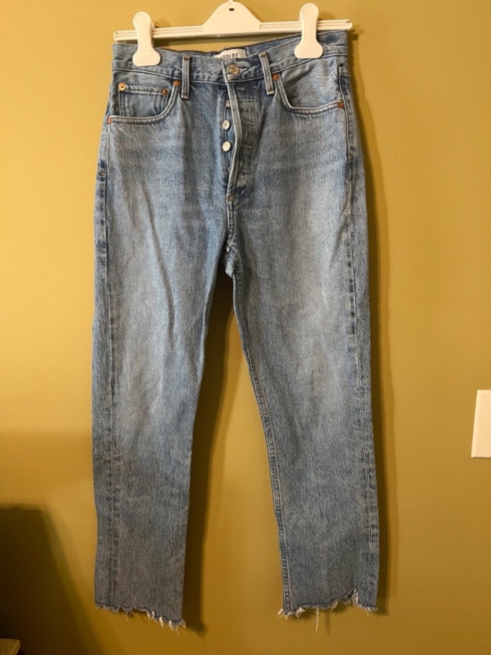 Agolde Jeans Womens 26 Blue Riley High Rise Straight Crop Button Fly Raw Hem